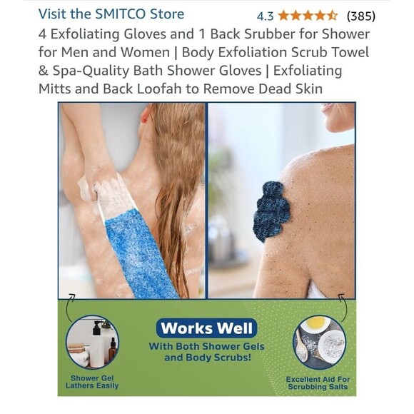 4 Exfoliating Gloves and 1 Back Srubber for Shower for Men and Women - Picture 6 of 7